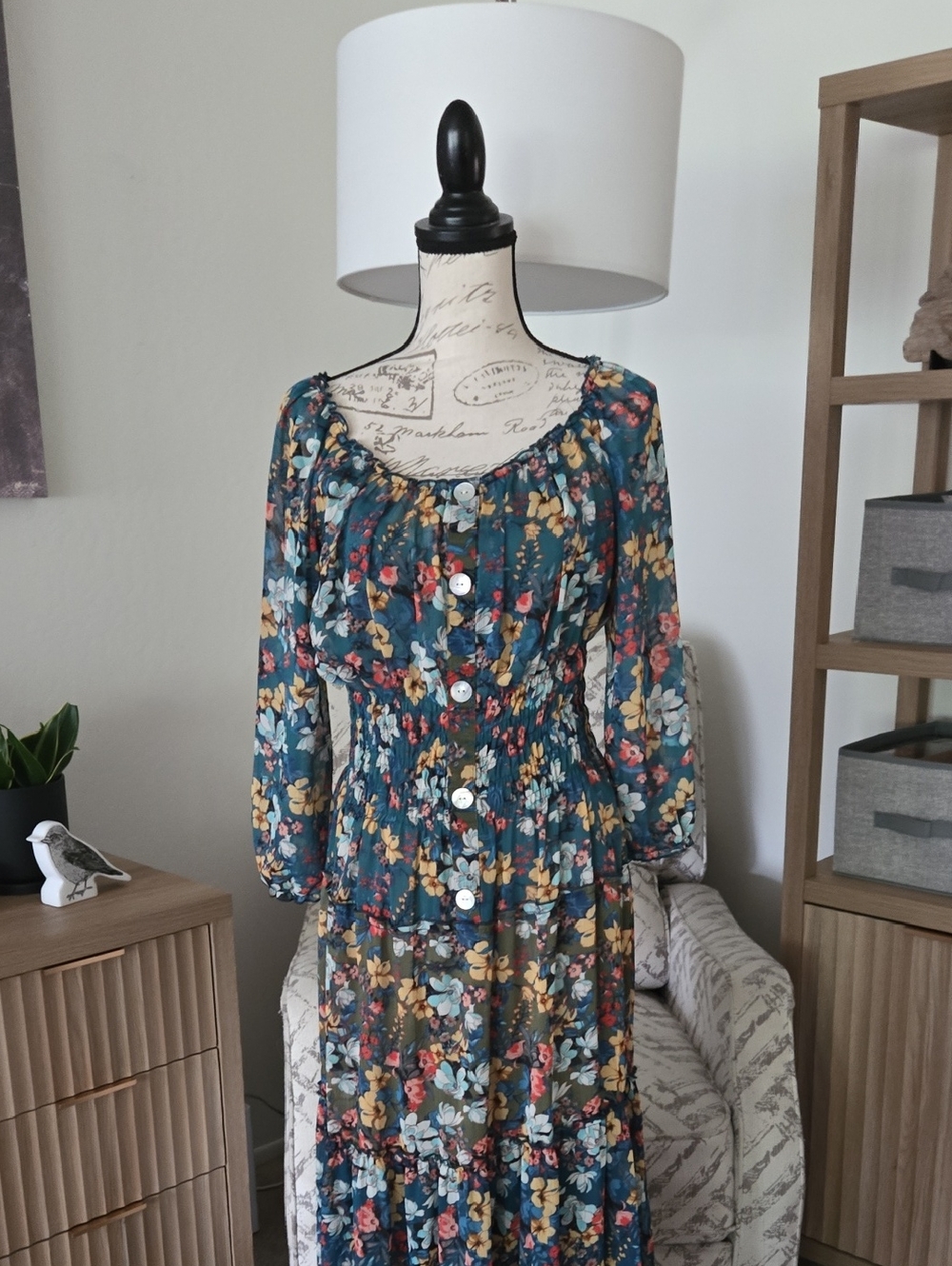 Teal Floral (Faux) Button-Front Smocked Waist Maxi Dress